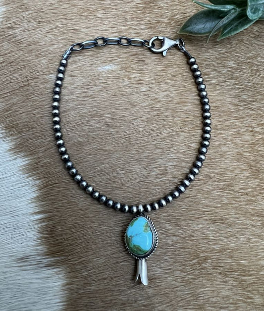 3mm Desert Pearls & Sonoran Turquoise Blossom Charm Bracelet - Sunset TQ Mountain