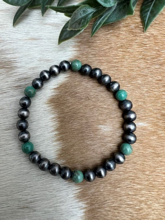 4mm Desert Pearls & Green Turquoise Stretch Bracelet - Sunset TQ Mountain