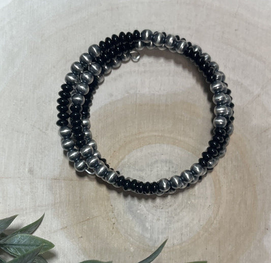5mm Desert Pearls and Black Onyx 3 - row Memory Bracelet - Sunset TQ Mountain