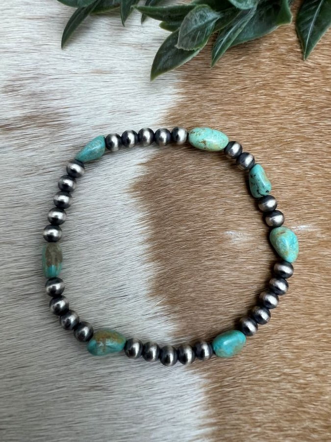 5mm Desert Pearls & Green Turquoise Nugget Stretch Bracelet - Sunset TQ Mountain