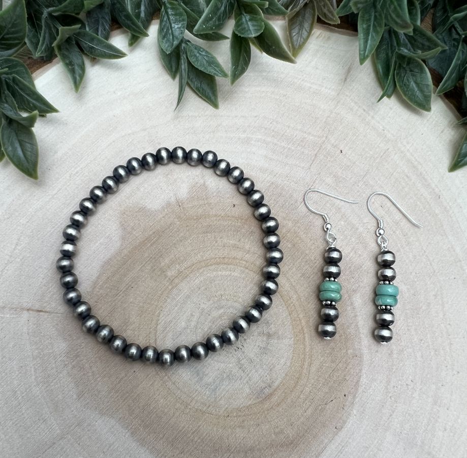 5mm Desert Pearls Stretch Bracelet & Turquoise Stick Earring Set - Sunset TQ Mountain