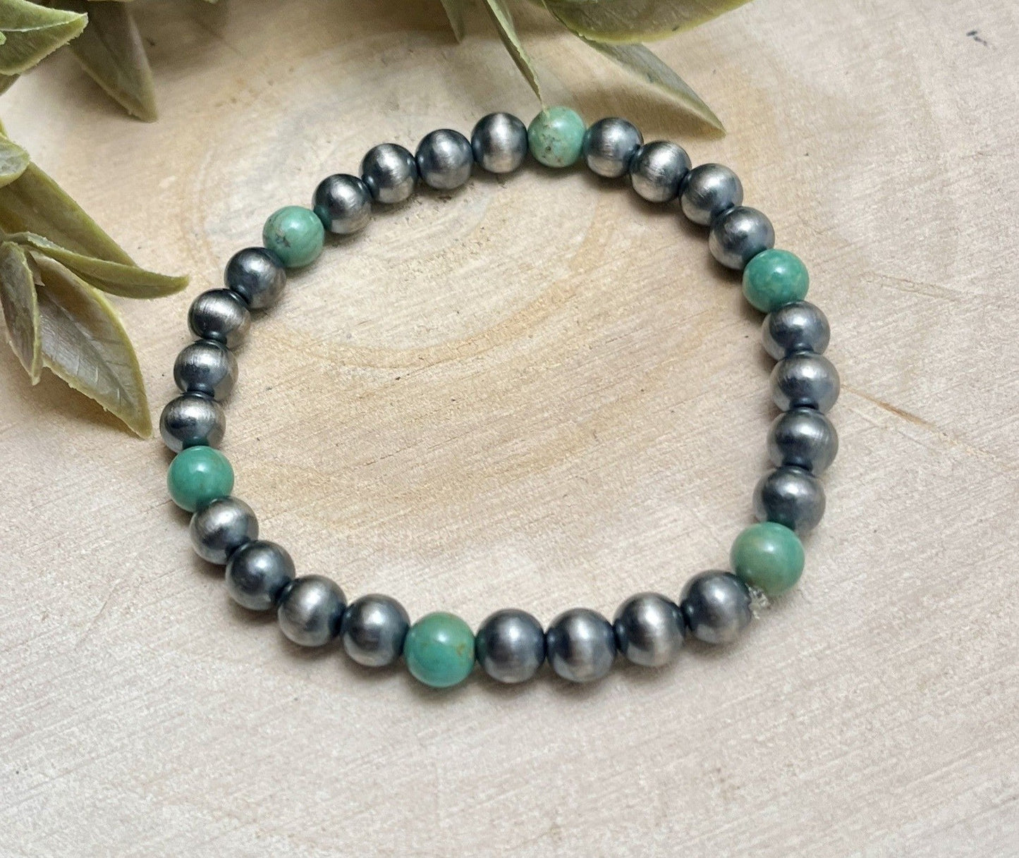 6mm Desert Pearls & Green Turquoise Stretch Bracelet - Sunset TQ Mountain