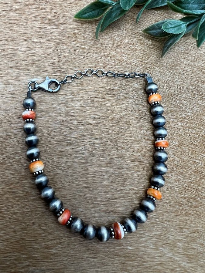 6mm Desert Pearls & Orange Spiny Bracelet - Sunset TQ Mountain