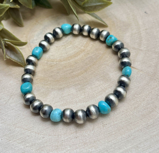 7mm Desert Pearls & Turquoise Stretch Bracelet - Sunset TQ Mountain