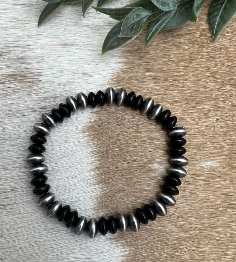 7mm Desert Saucer Pearls & Onyx Stretch Bracelet - Sunset TQ Mountain