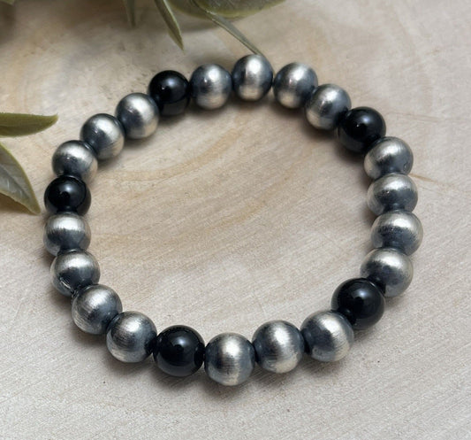 8mm Desert Pearls & Onyx Stretch Bracelet - Sunset TQ Mountain