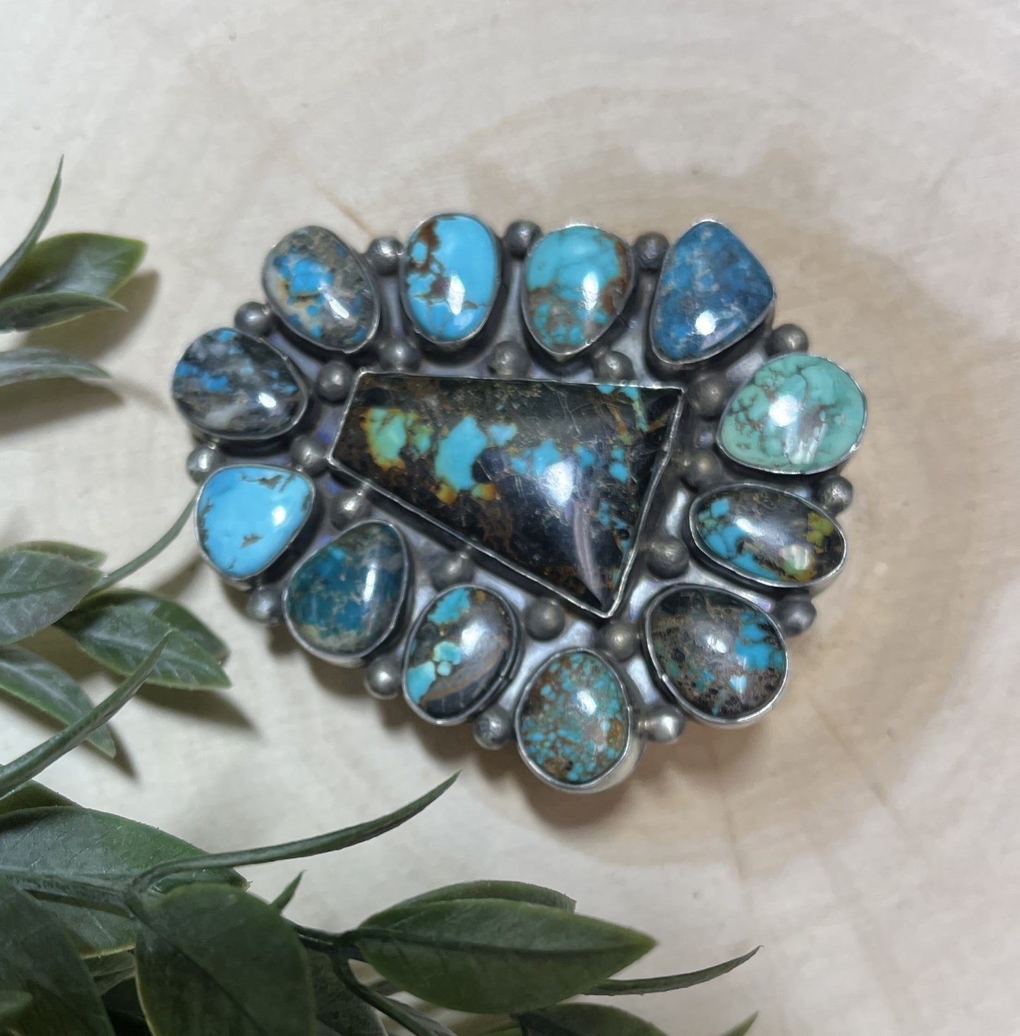 Navajo Artist Travis James Turquoise 13 Stone Buckle