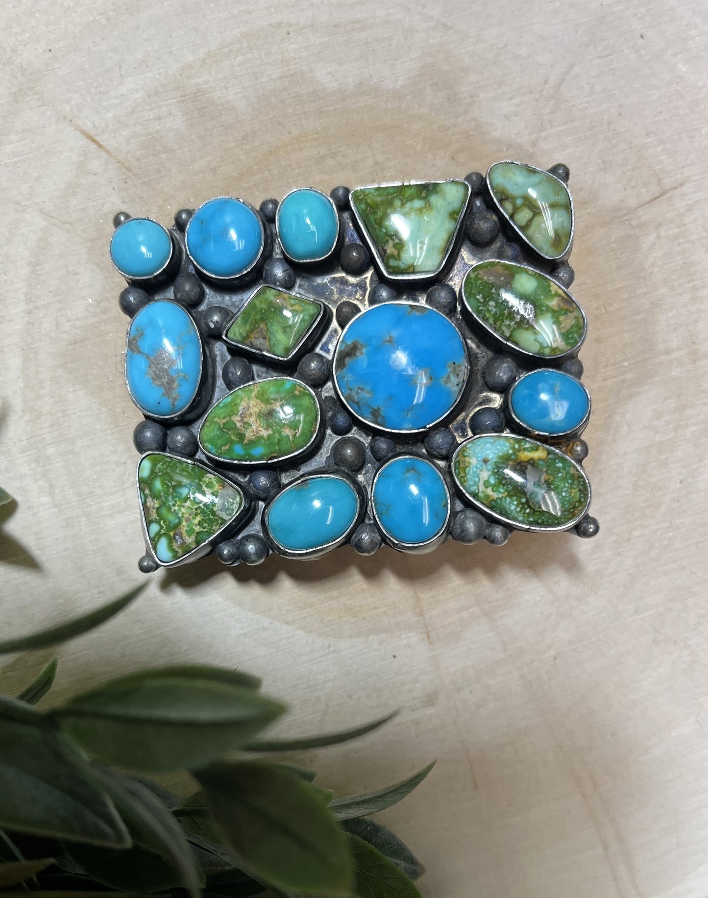 Navajo Handmade Sonoran Turquoise 15 Stone Buckle