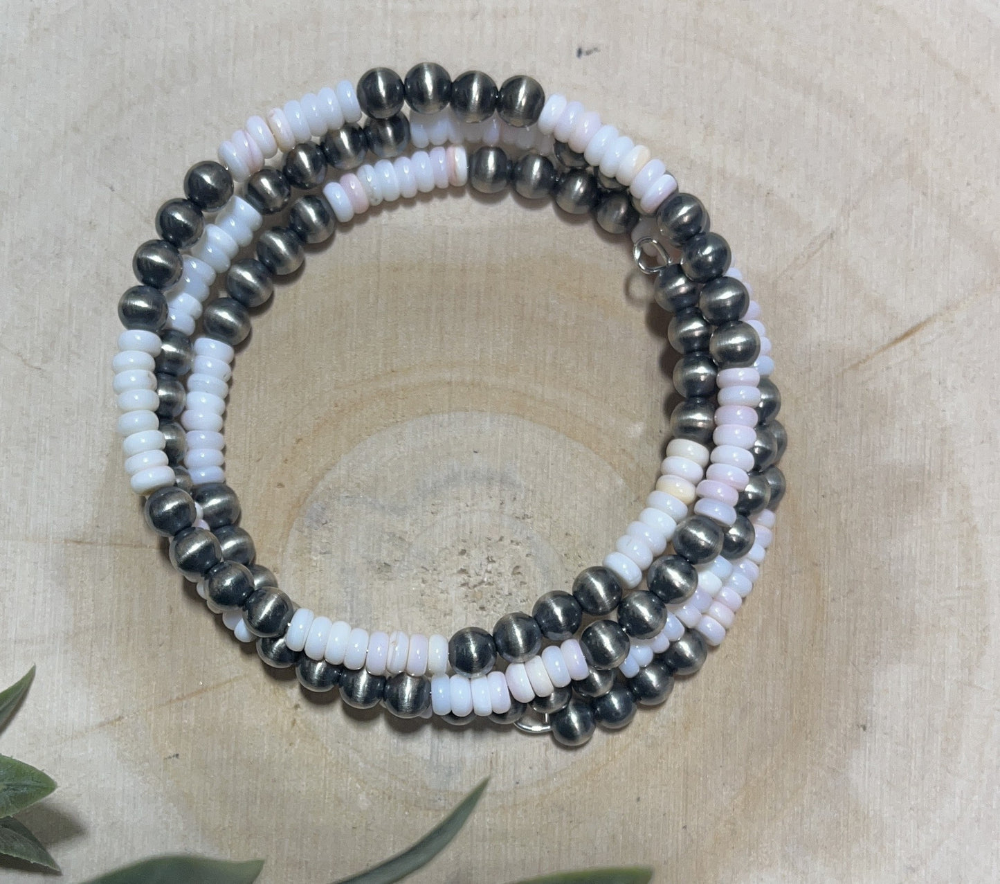 5mm Desert Pearls and Pink Conch Shell 3-row Memory Bracelet