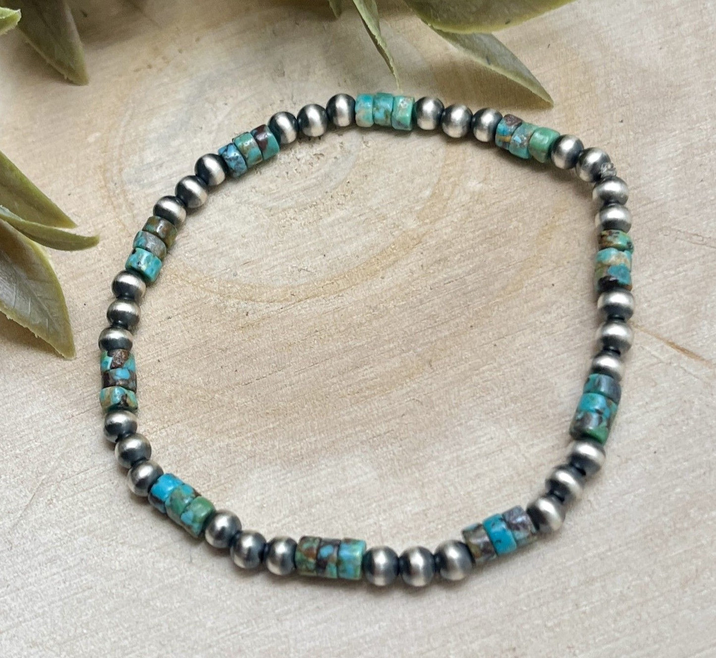 Desert Pearls & Green Turquoise Heishi Stretch Bracelet