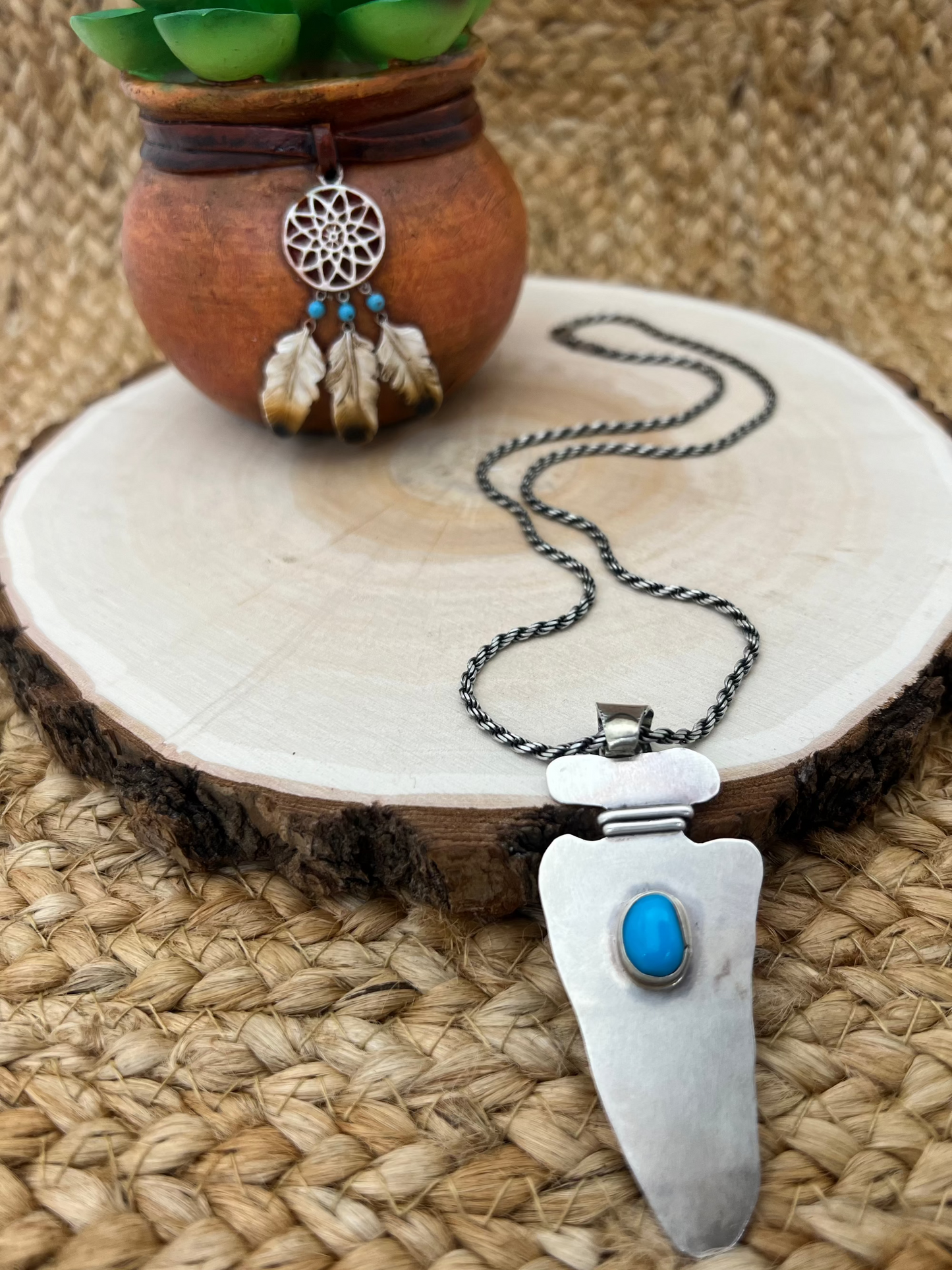 Navajo Artist Turquoise Arrowhead with 20" Rope Chain Oxidized Sterling Silver