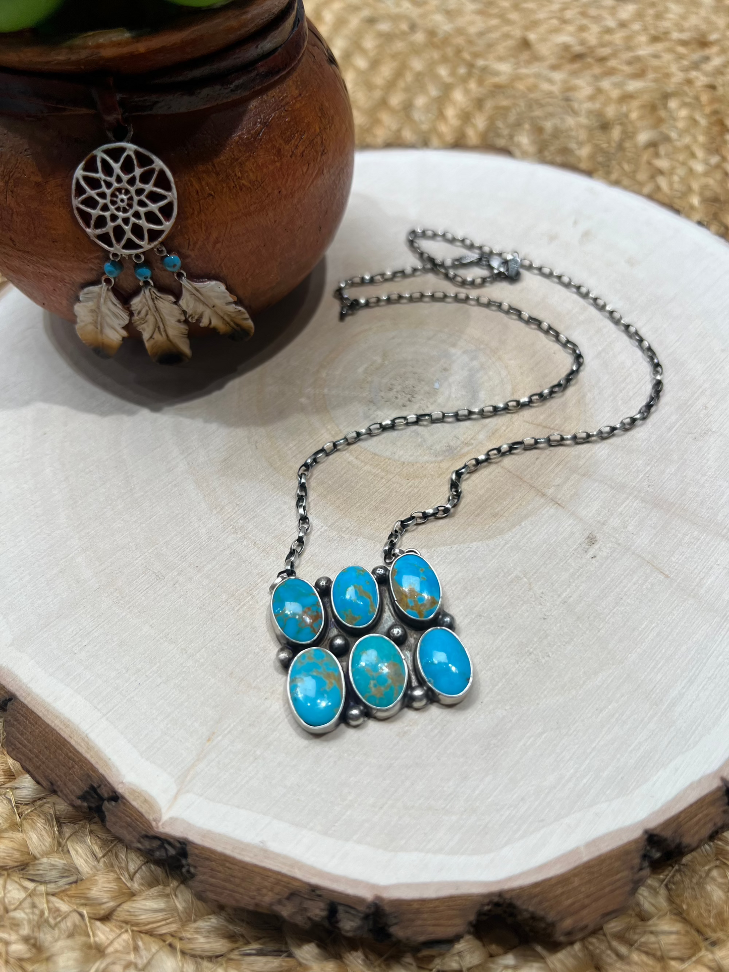 Sheila Tso Navajo Artist 6 Stone Turquoise Bar Necklace 19.5" Chain Oxidized Sterling Silver