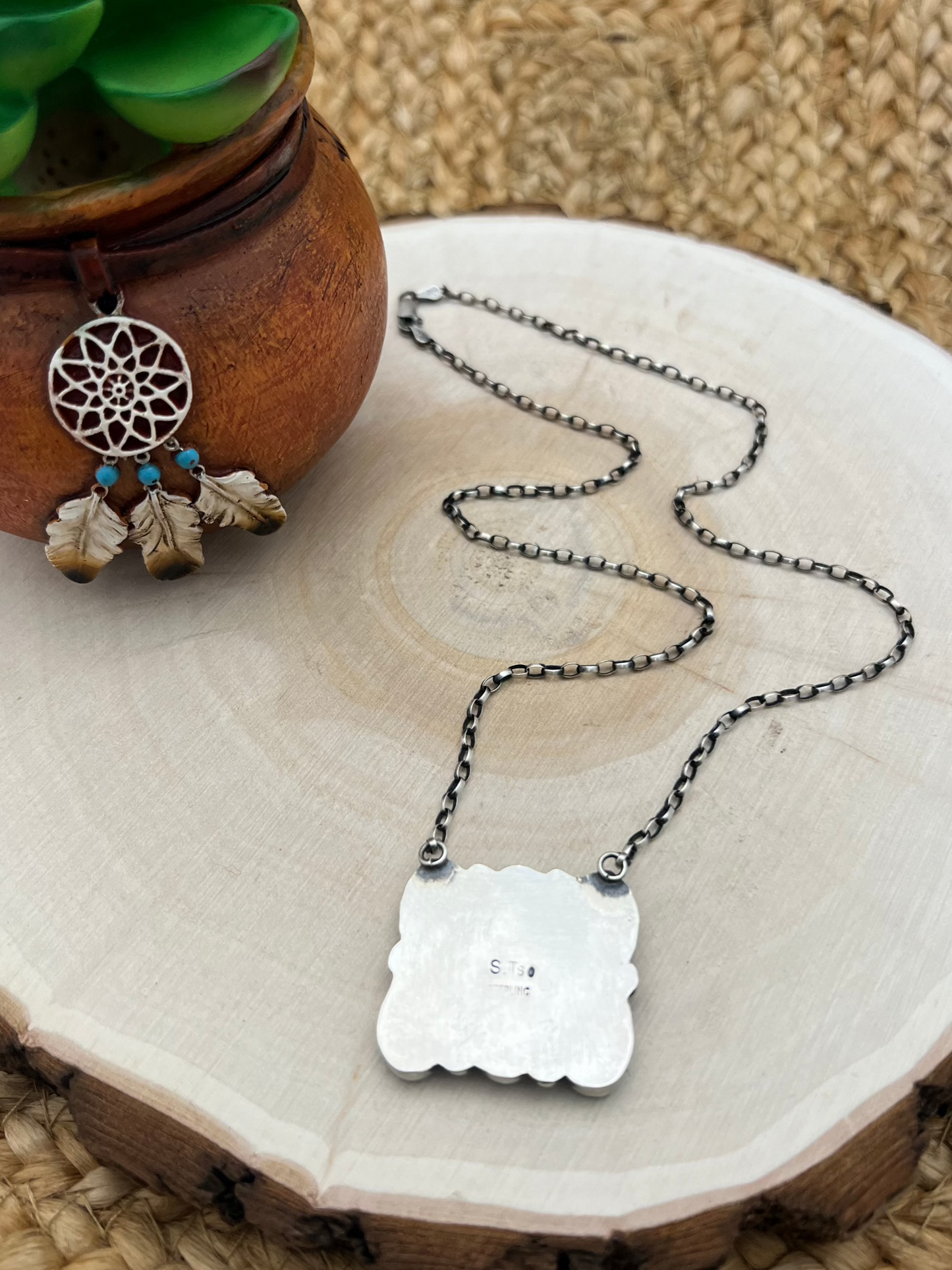 Sheila Tso Navajo Artist 6 Stone Turquoise Bar Necklace 19.5" Chain Oxidized Sterling Silver