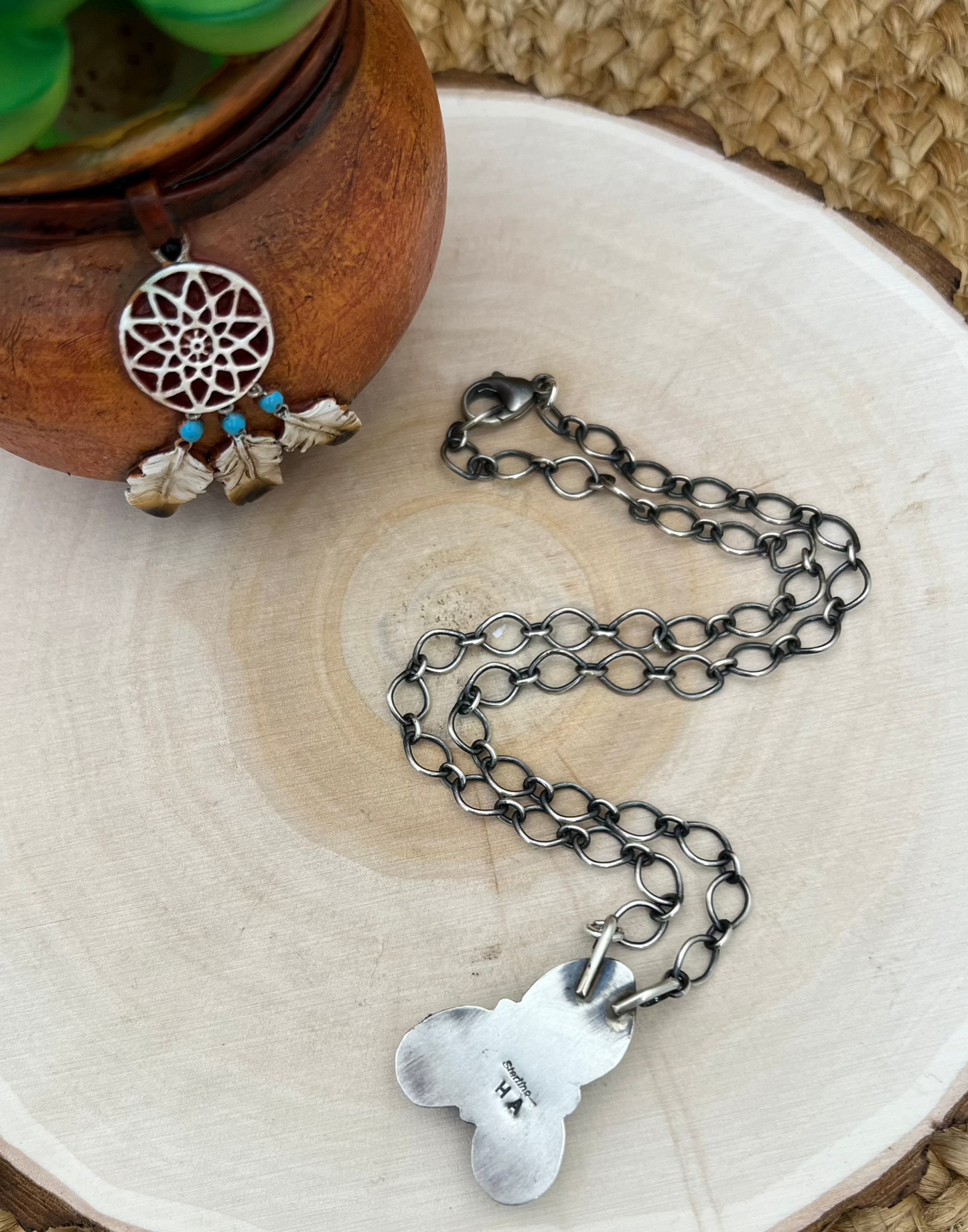 Navajo Artist 3 Stone Turquoise Bar Necklace 18" Chain Oxidized Sterling Silver
