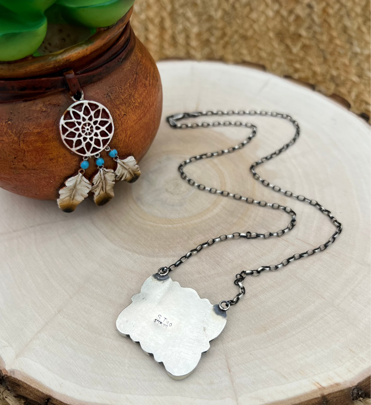 Sheila Tso Navajo Artist 6 Stone Turquoise Bar Necklace 19.5" Chain Oxidized Sterling Silver