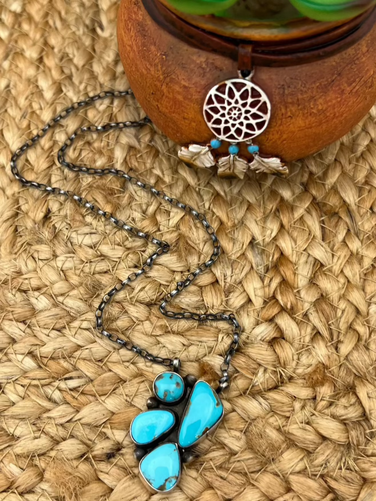 Navajo Artist Turquoise Bar Necklace with 16.5" Chain Oxidized Sterling Silver