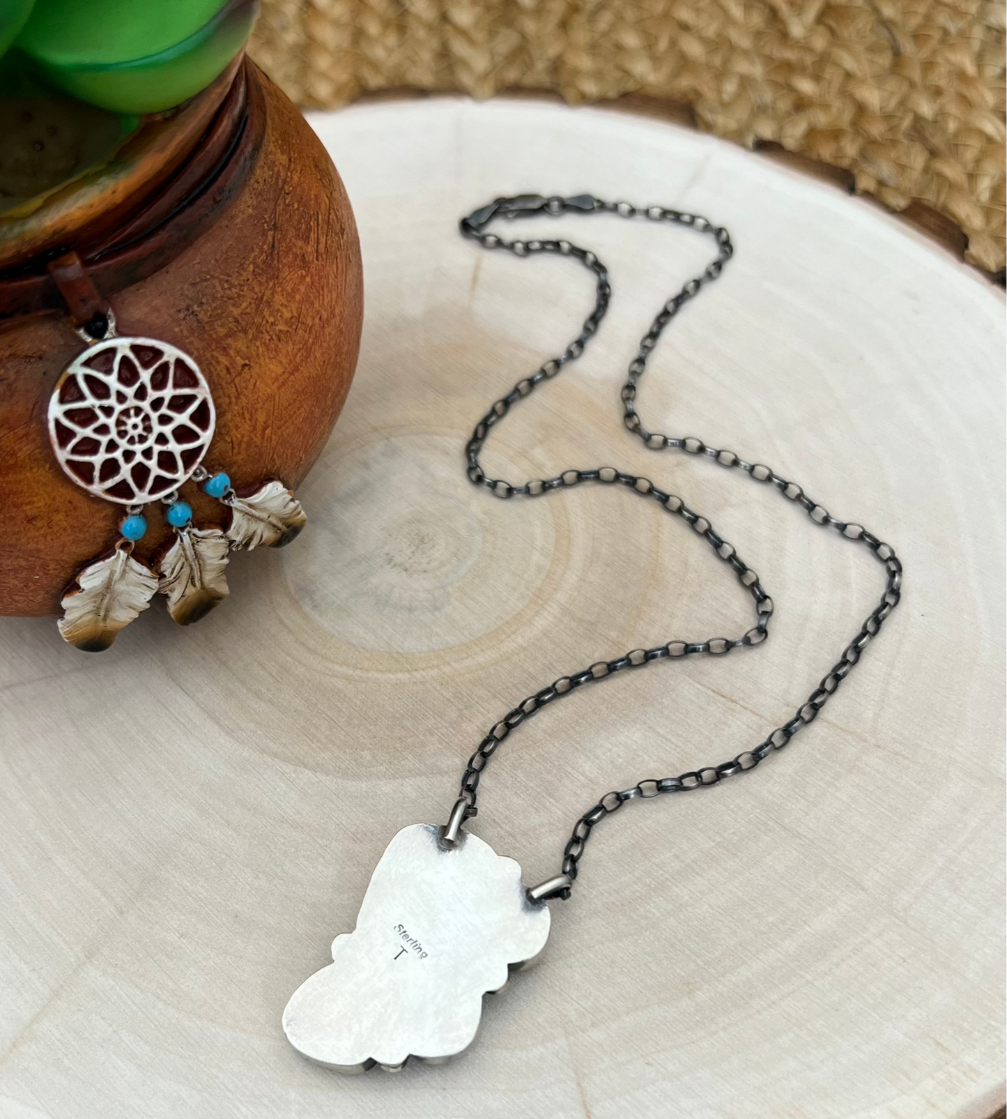 Navajo Artist Turquoise Bar Necklace with 16.5" Chain Oxidized Sterling Silver