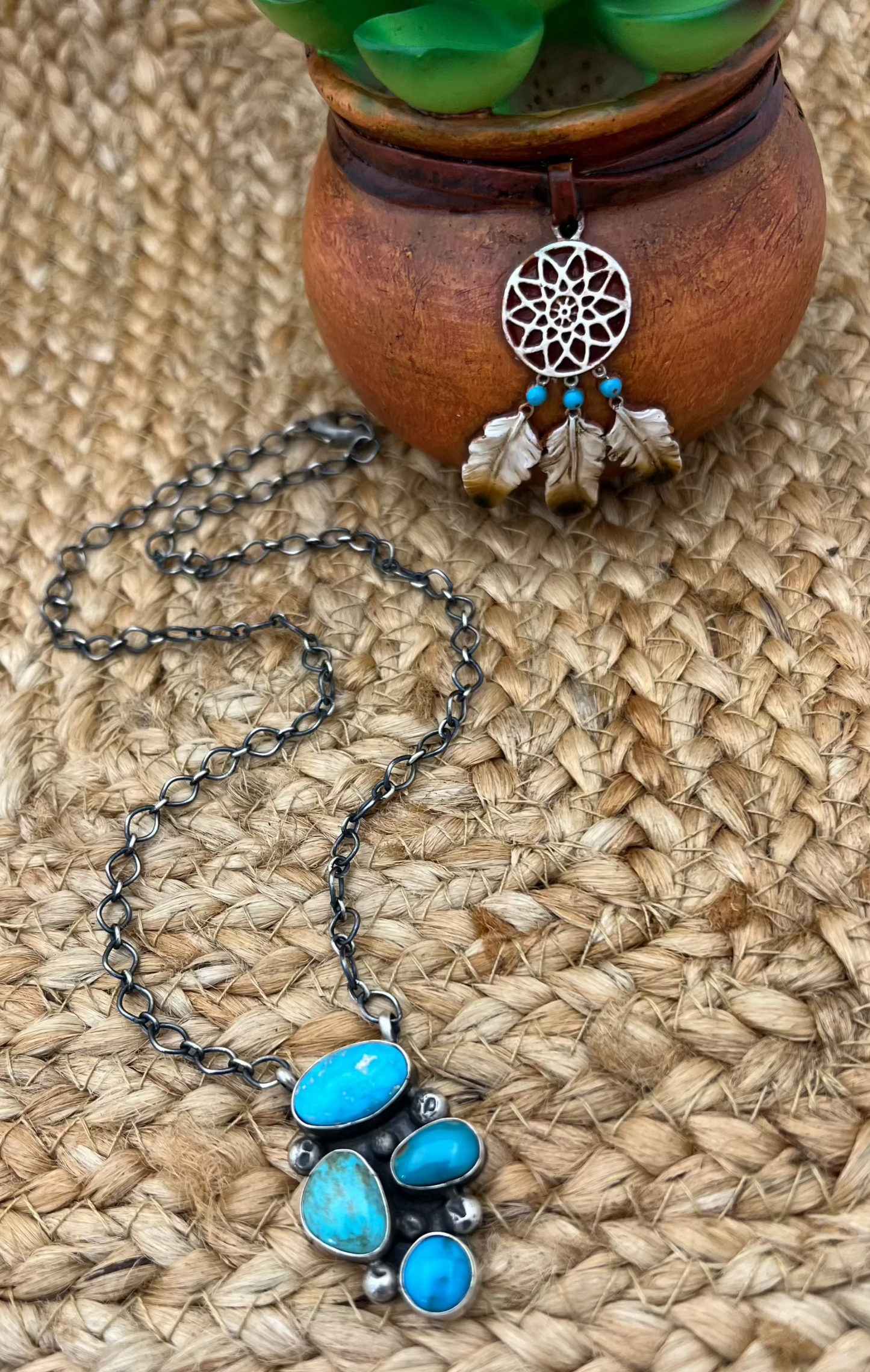 Navajo Artist Turquoise Bar Necklace with19" Chain Oxidized Sterling Silver