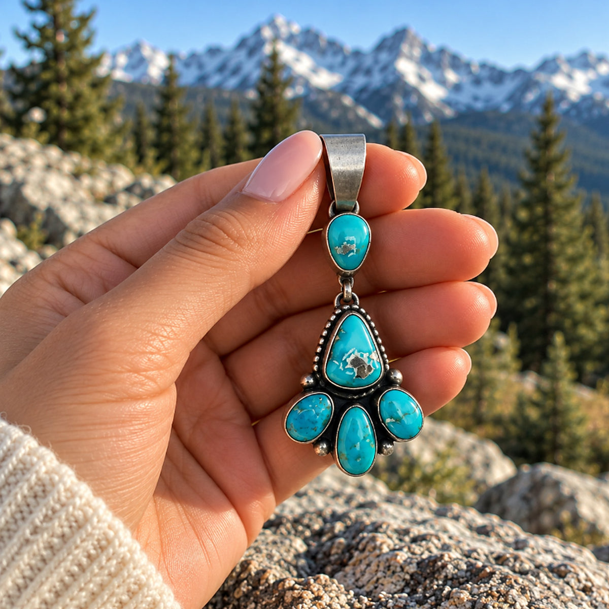 Betty Tom Blue Bird turquoise pendant held in a hand outdoors with pine trees and mountains behind, showing its 2.5-inch size