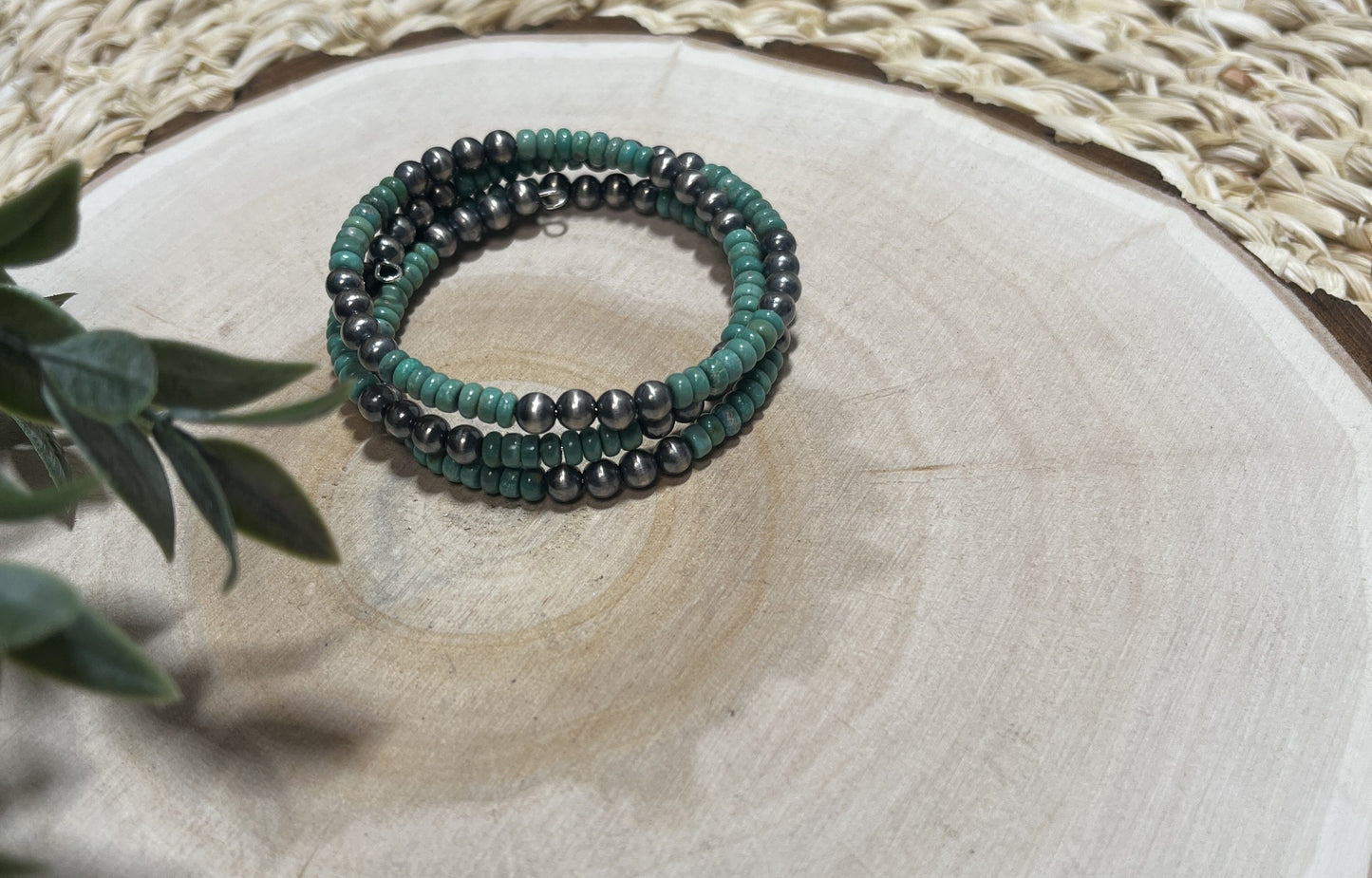 5mm Santa Fe Pearls and Green Turquoise 3-row Memory Bracelet