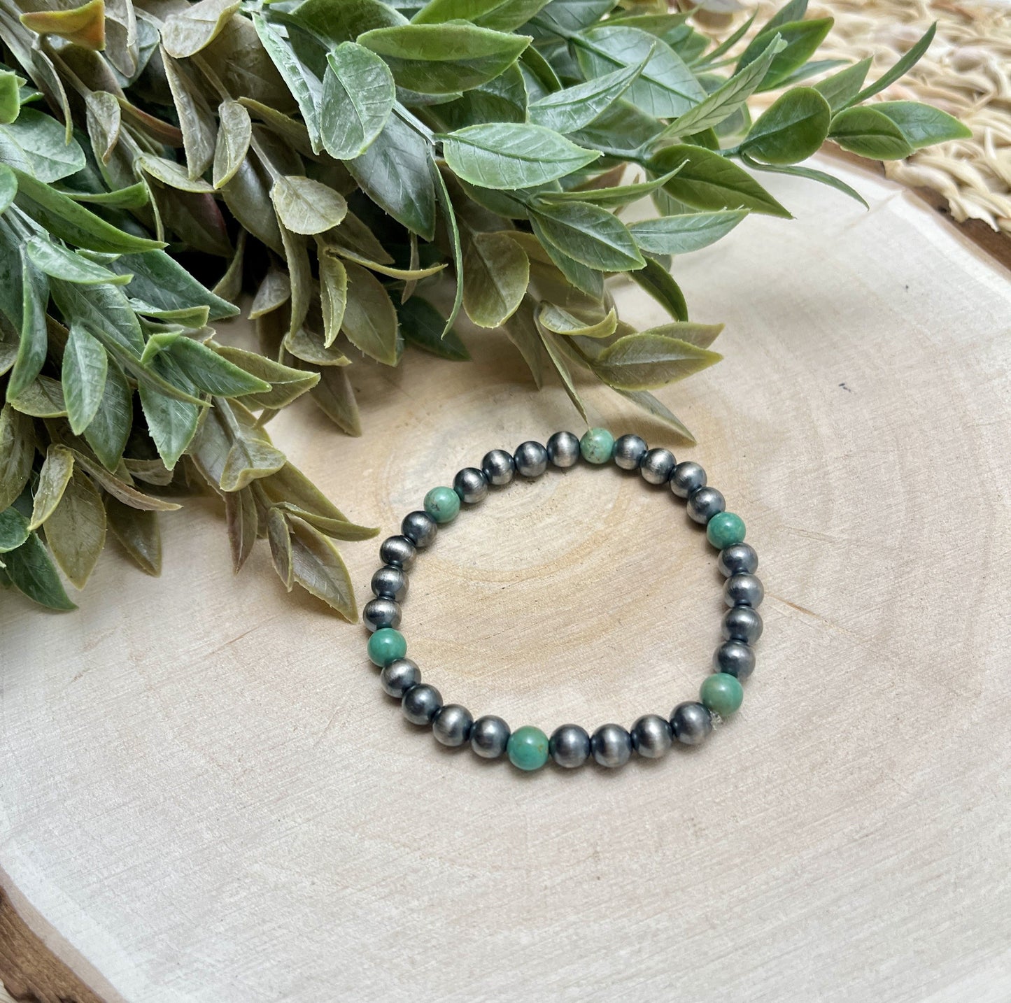 6mm Santa Fe Pearls & Green Turquoise Stretch Bracelet