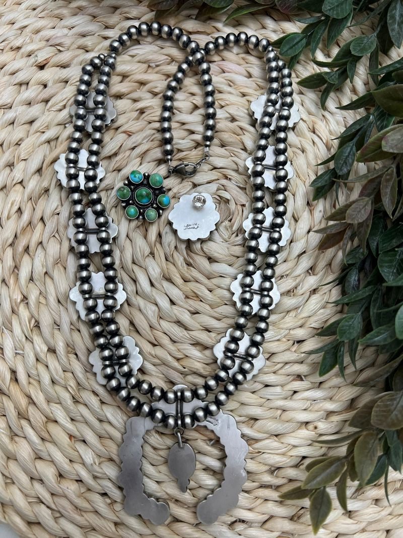 Blue - Green Sonoran Turquoise Cluster Squash Blossom Set - Sunset TQ Mountain
