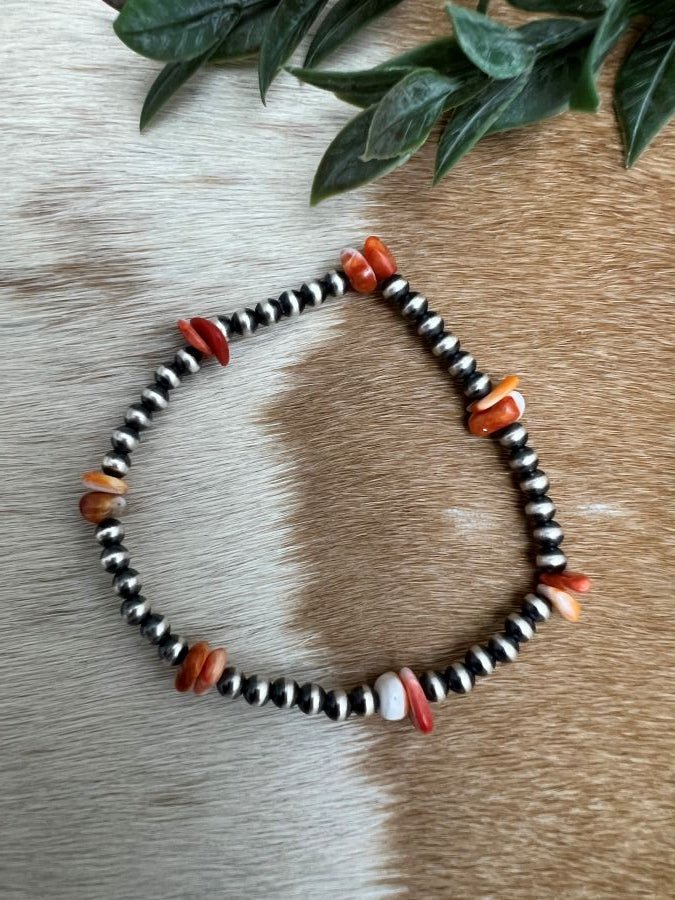 Desert Pearls & Orange Spiny Nuggets Stretch Bracelet - Sunset TQ Mountain