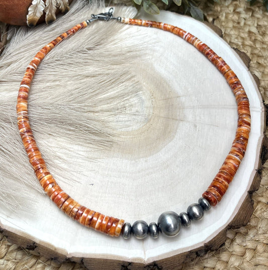 Desert Pearls & Orange Spiny Oyster Necklace - Sunset TQ Mountain