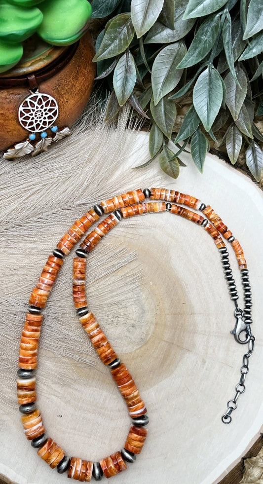 Desert Pearls & Orange Spiny Oyster Necklace - Sunset TQ Mountain