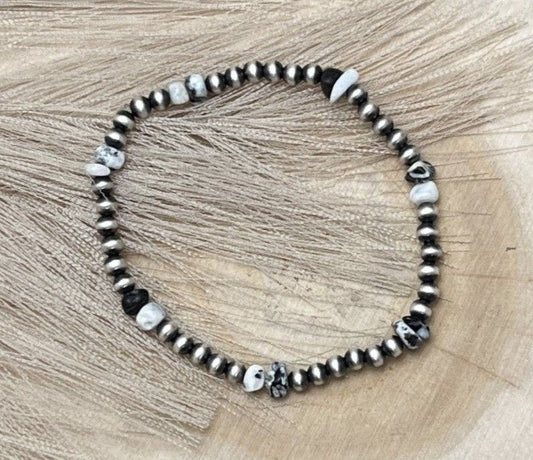 Desert Pearls & White Buffalo Nuggets Stretch Bracelet - Sunset TQ Mountain