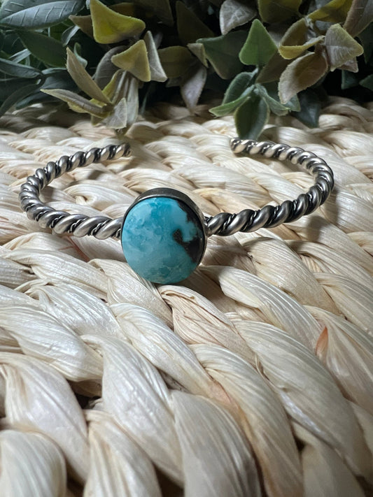 Elaine Tahe Navajo Artist Turquoise and Silver Twisted Wire Bracelet - Sunset TQ Mountain