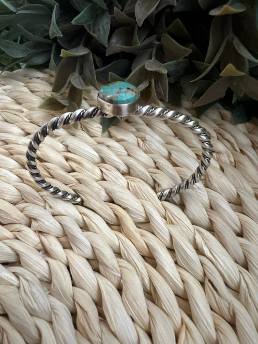 Elaine Tahe Navajo Artist Turquoise and Silver Twisted Wire Bracelet - Sunset TQ Mountain