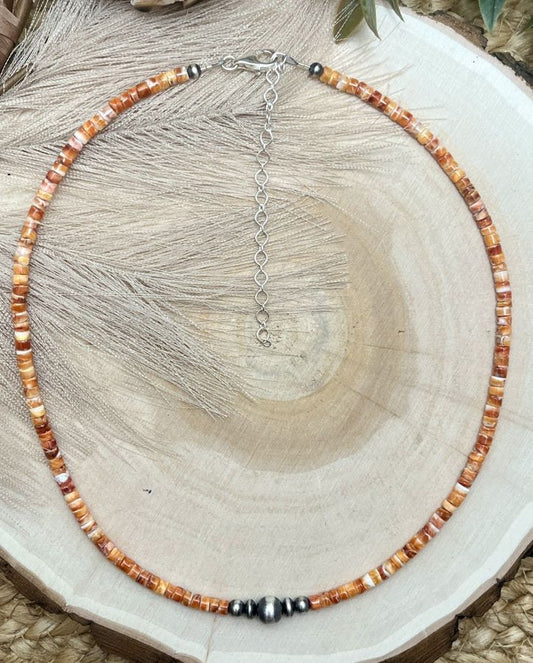 Graduated Silver Desert Pearls & Spiny Oyster Shell Heishi Necklace - Sunset TQ Mountain