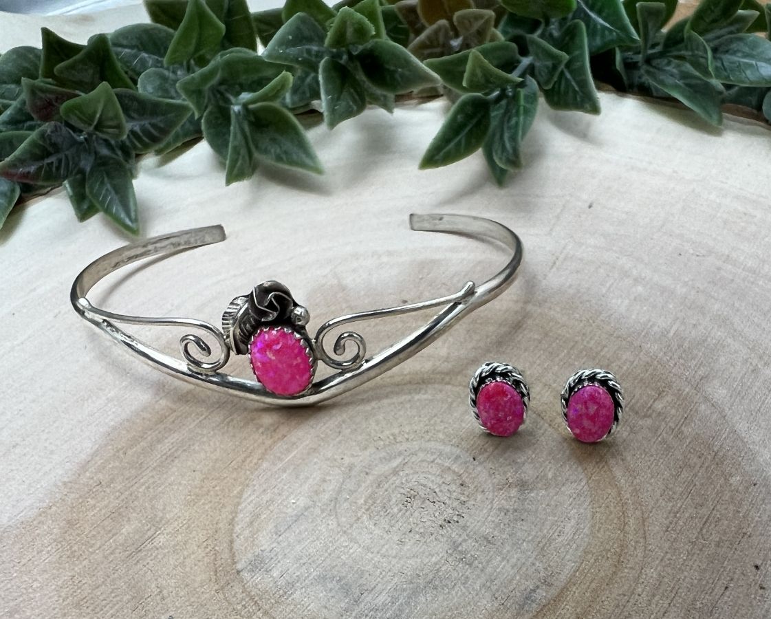 Hot Pink Opal Cuff Bracelet and Post Earrings Set - Sunset TQ Mountain