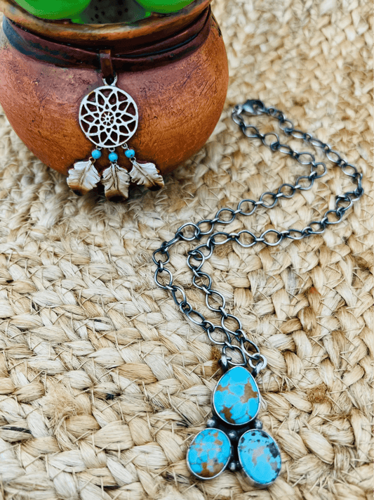 Navajo Artist 3 Stone Turquoise Bar Necklace 18" Chain Oxidized Sterling Silver - Sunset TQ Mountain