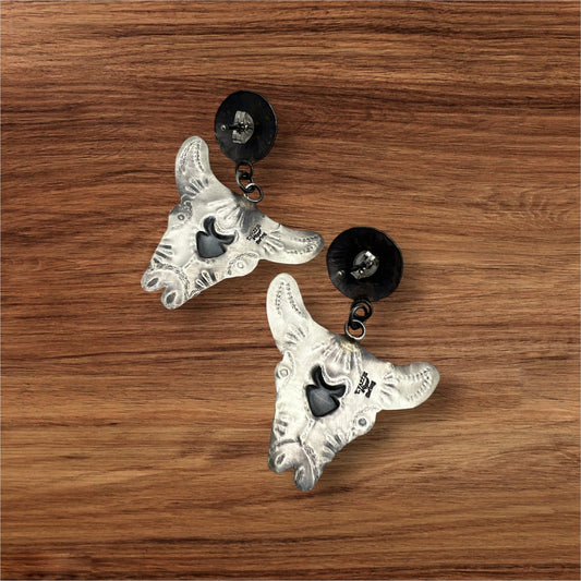 Navajo Artist Yazzie Blue Turquoise Steer Head Dangle Earrings Sterling Silver - Sunset TQ Mountain