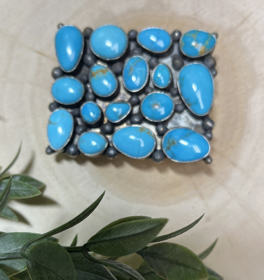 Navajo Handmade Sonoran Turquoise 15 Stone Buckle - Sunset TQ Mountain