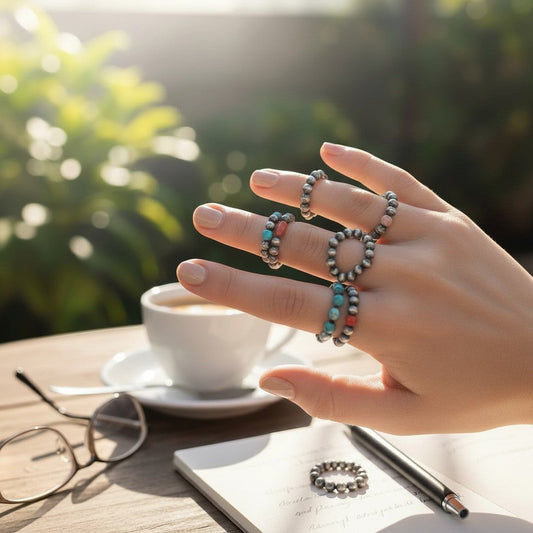Sunset Turquoise Mountain sterling silver bead stretch rings with turquoise and coral accents