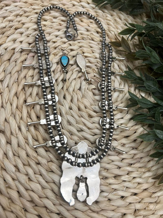 Zuni Turquoise Inlay Squash Blossom Necklace & Earring Set - Sunset TQ Mountain
