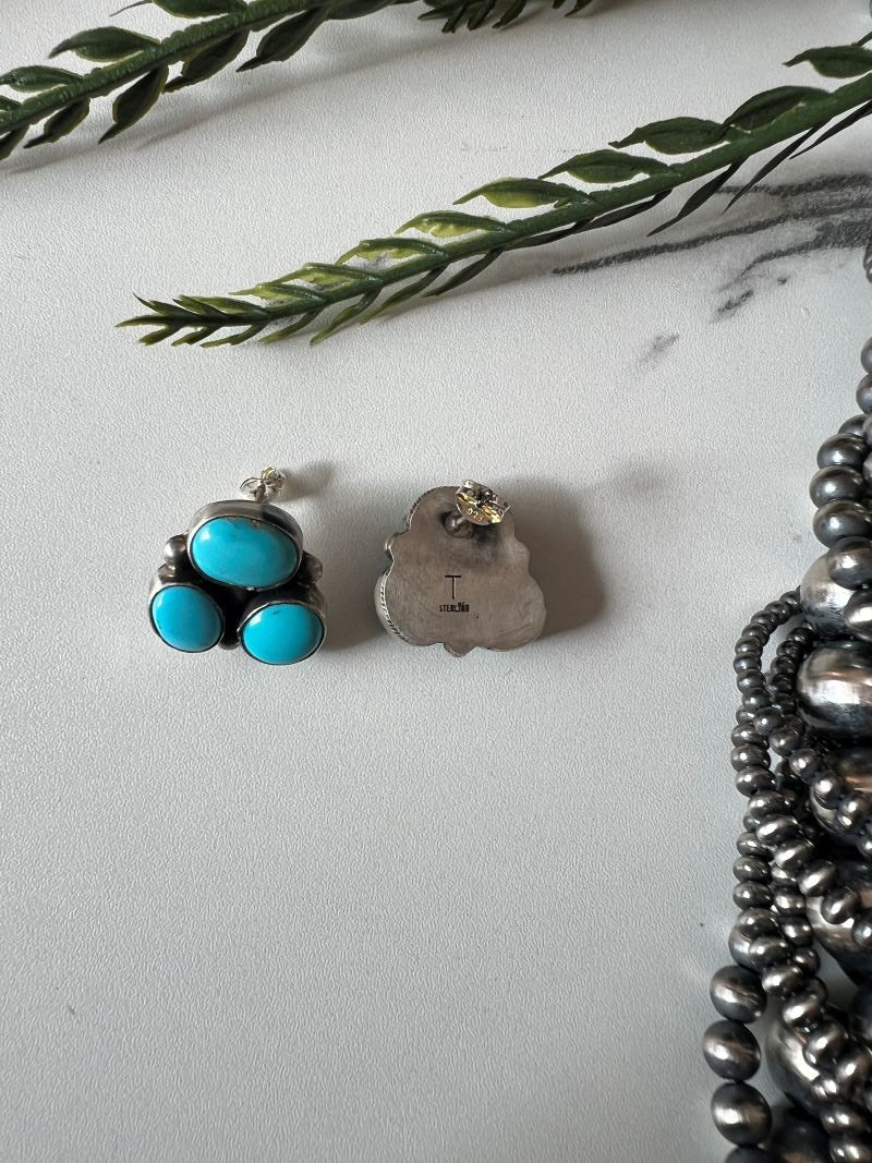 3 - stone Sonoran Turquoise Post Earrings - Sunset TQ Mountain