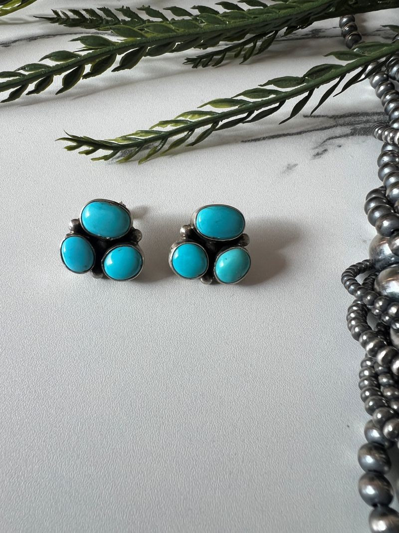 3 - stone Sonoran Turquoise Post Earrings - Sunset TQ Mountain