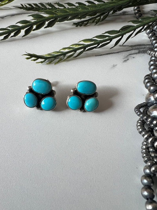 3 - stone Sonoran Turquoise Post Earrings - Sunset TQ Mountain