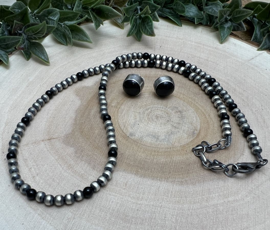 3mm Desert Pearls Silver Necklace & 4mm Post Earring Set - Sunset TQ Mountain