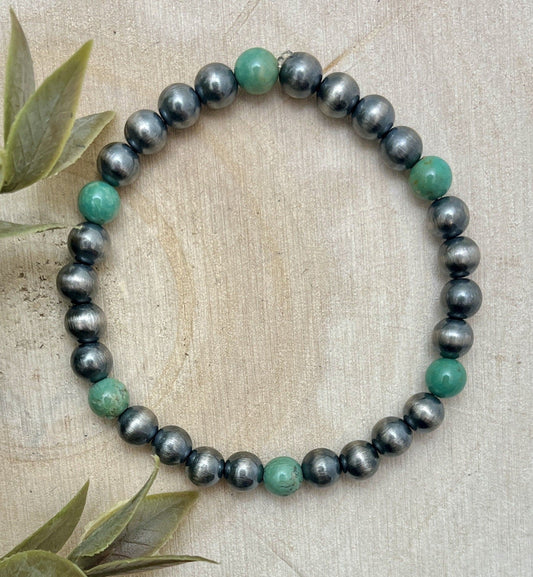 4mm Desert Pearls & Green Turquoise Stretch Bracelet - Sunset TQ Mountain