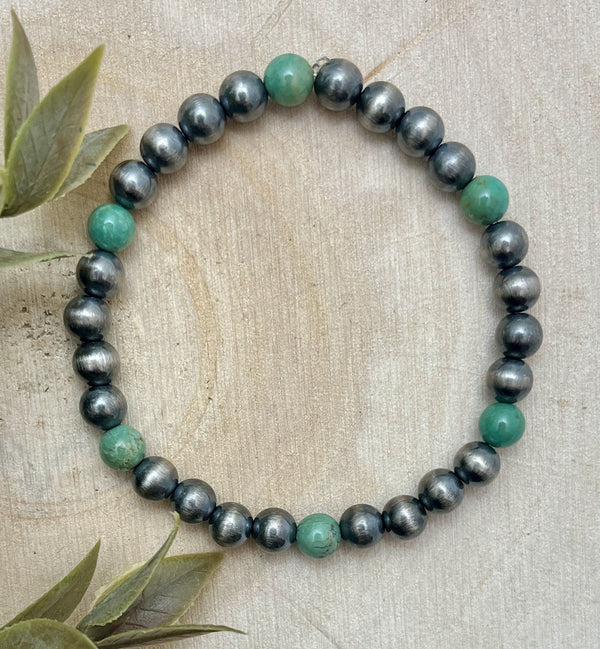 4mm Desert Pearls & Green Turquoise Stretch Bracelet - Sunset TQ Mountain
