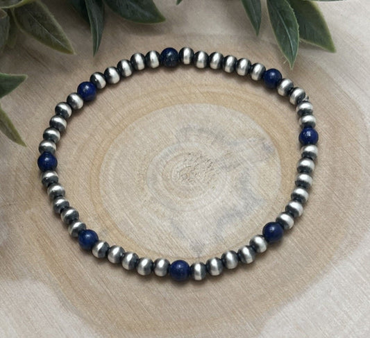 4mm Desert Pearls & Lapis Stretch Bracelet - Sunset TQ Mountain