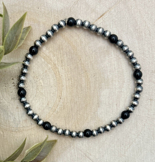 4mm Desert Pearls & Onyx Stretch Bracelet - Sunset TQ Mountain