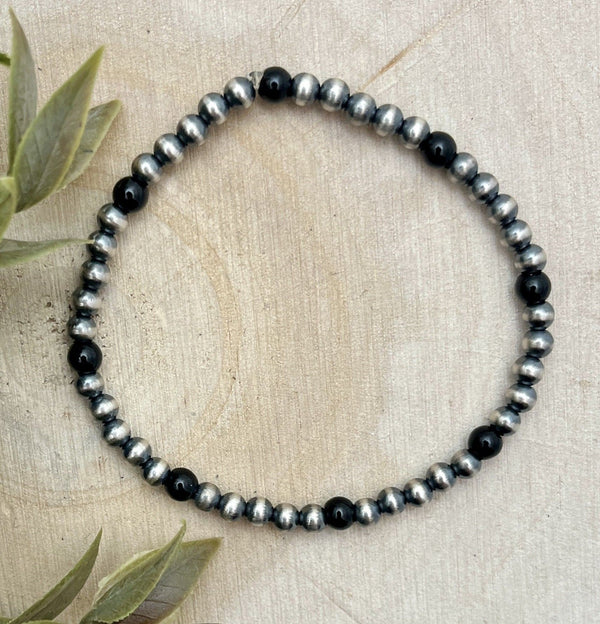 4mm Desert Pearls & Onyx Stretch Bracelet - Sunset TQ Mountain