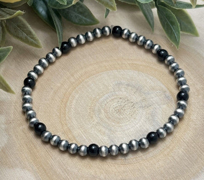 4mm Desert Pearls & Onyx Stretch Bracelet - Sunset TQ Mountain