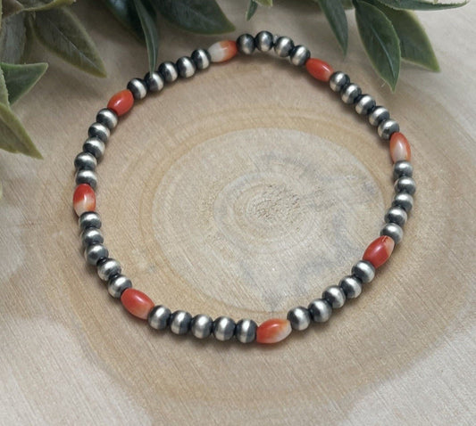 4mm Desert Pearls & Red Spiny Stretch Bracelet - Sunset TQ Mountain